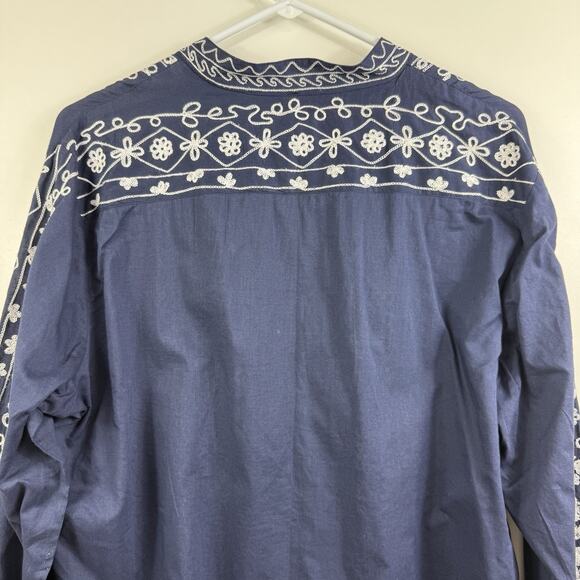 Chico’s Navy White Embroidered Button Up Tunic Top Size L (12) 100% Cotton Boho - Picture 9 of 14